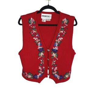 Obermeyer Floral Embroidered Alpine Sweater Vest Red Wool Blend Heart Buttons M